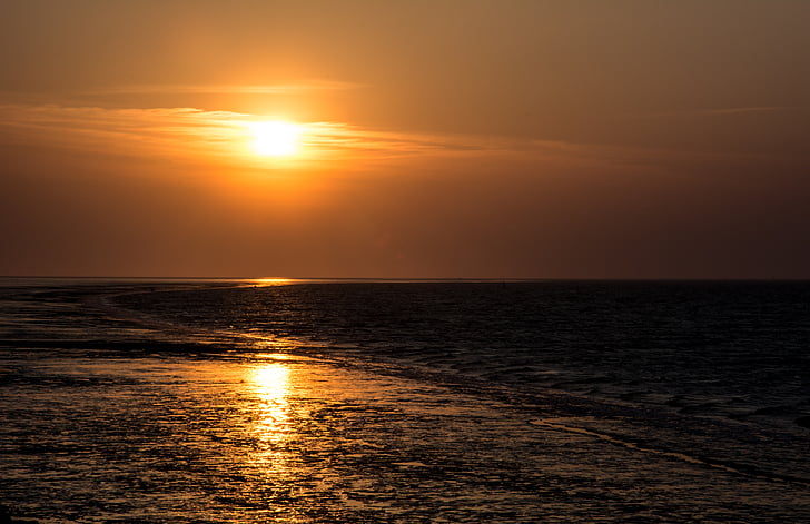 posta de sol, oceà, platja, Costa, Costa, crepuscle, Mar