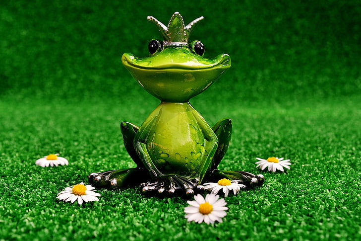 frog, figure, frog prince, meadow, decoration, cute, funny