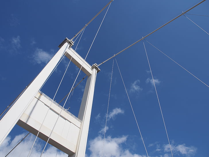 severn bridge, bridge, suspension, sky, blue, transport, highway