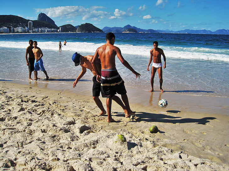 brazilian, football, copacabana, rio, at the copacabana, view of sugar loaf mountain, beach