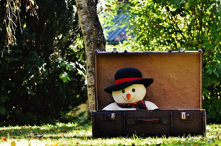 winter ade, snow man, send away, luggage, antique, funny, leather