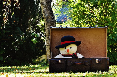 winter ade, snow man, send away, luggage, antique, funny, leather