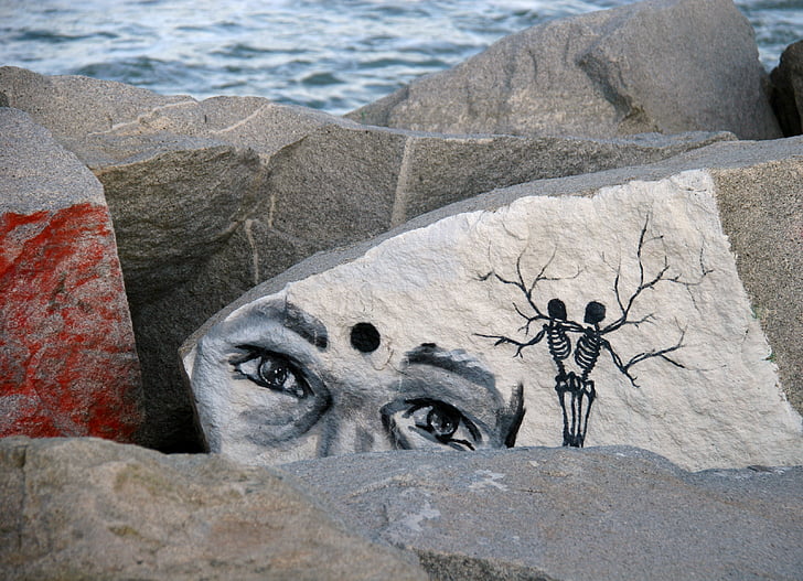 graffiti, roques, escullera, fons, dibuix, mar Mediterrani, gris