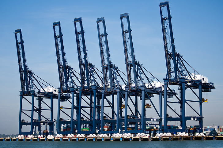 felixstowe, container port, port, cranes, blue cranes, waterside, engineering