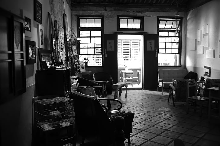 phim trắng đen, ghế, đồ nội thất, trong nhà, Phòng, chỗ ngồi, cửa sổ