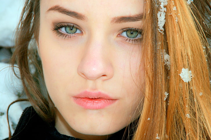 dievča, zelené oči, blondína, portrét, sneh, krása, zimné
