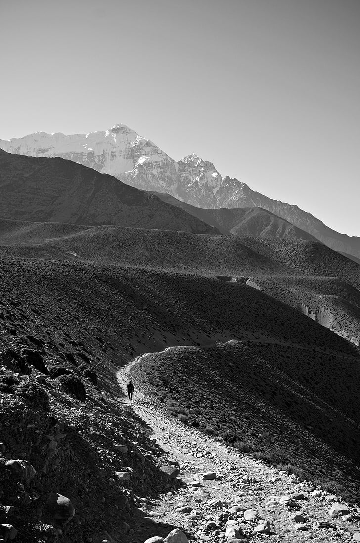 відтінки сірого, Фото, Гора, діапазони, Непал, чорно-біла, ходьба