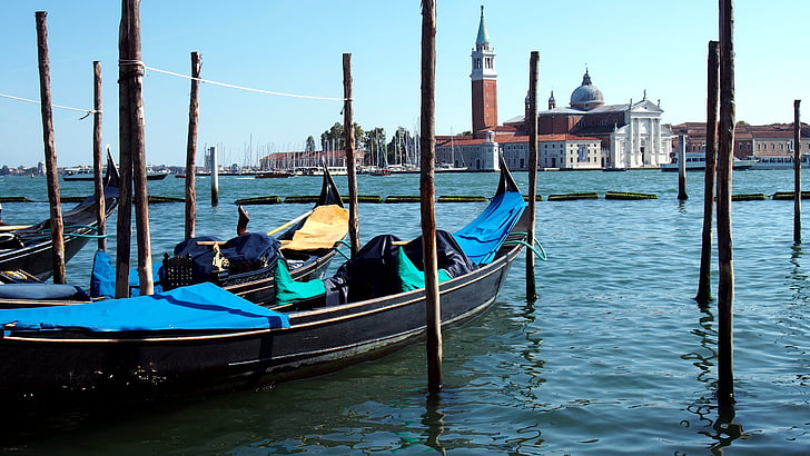 Venedig, gondol, kanal, gondol - traditionell båt, nautiska fartyg, Canal, förtöjda