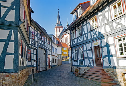 Oberursel, Hesse, Tyskland, gamla stan, truss, Fachwerkhaus, kyrkan