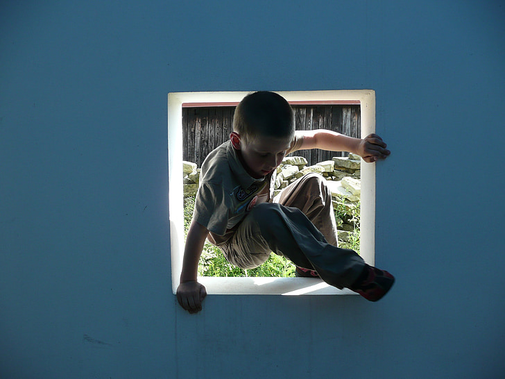 window, boy, game, unknown, blue wall, discovery, outdoor