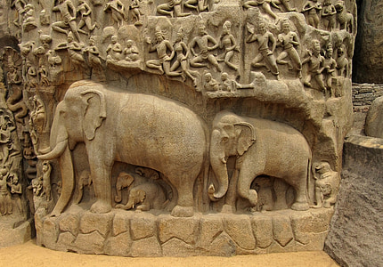 elephants, bas relief, indian, monument, cultural, open-air, legend