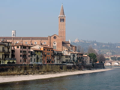 verona, river, adige, landscape, church, campanile, water