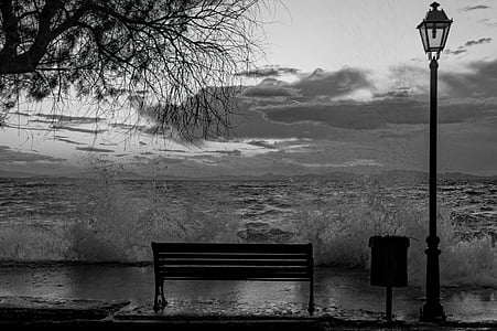恶劣的天气, 板凳, 本 ·, 黑白, 乌云, 海洋, 海