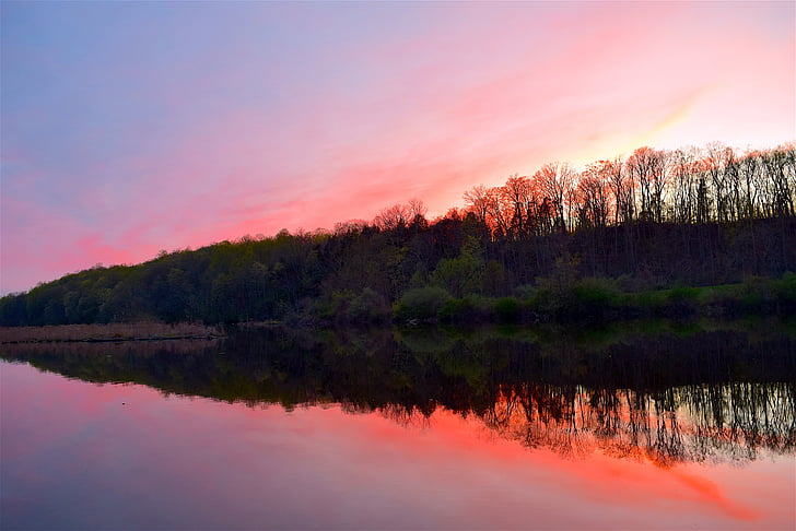 lake, sunset, trees, mountain, red, pink, water