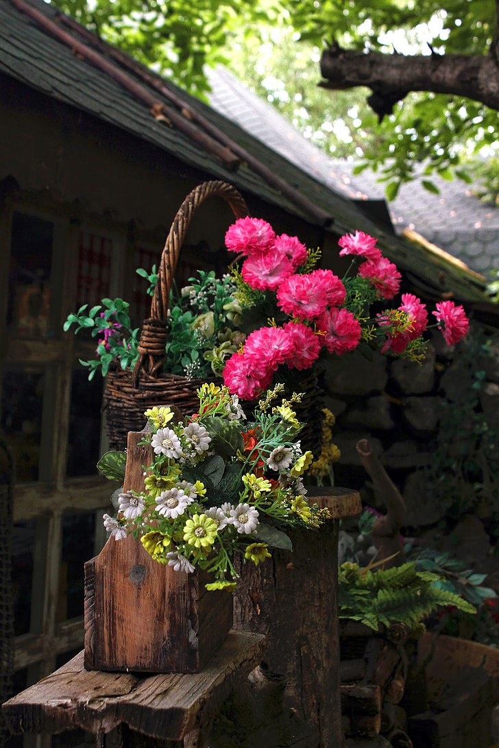 flowers, basket, outdoor, bench, wooden, spring, green