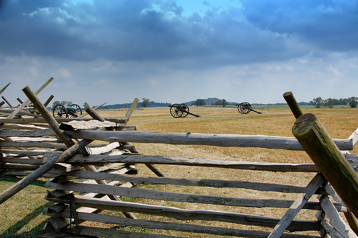 Gettysburg, Pensilvânia, campo de batalha, canhão, paisagem, cerca, céu