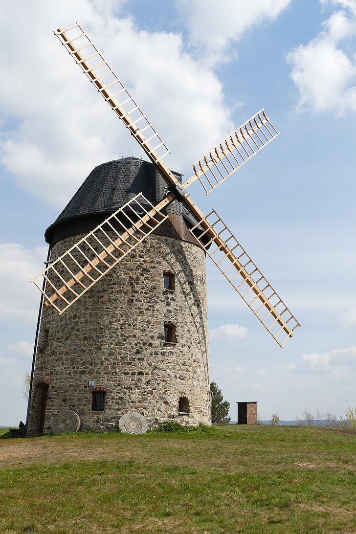 windmill, stone, landscape, warnstedt, sky, clouds, blue