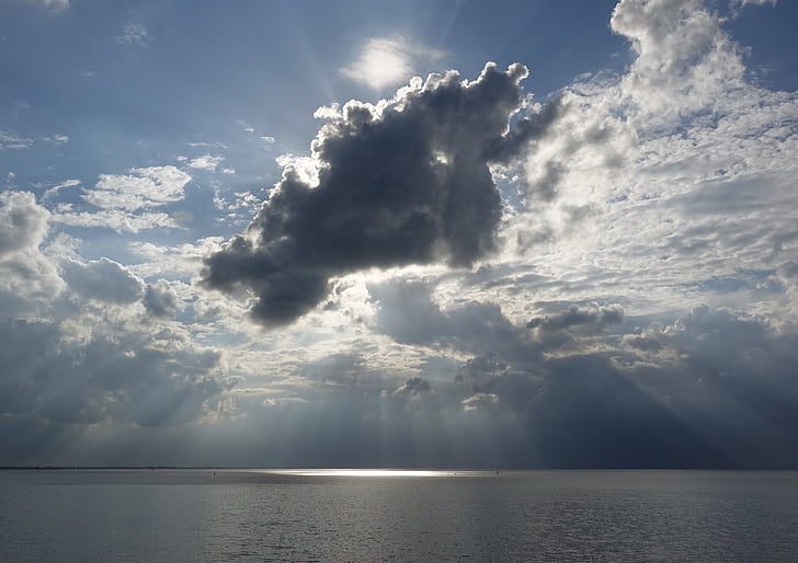 cloud formation, sea, sunbeam, contrast, weather mood