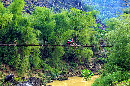 scenery, suspension bridge, tre, streams, people, motorcycle, ha giang