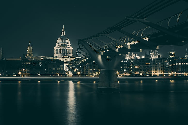 musta, kirkko, City, ilta, footbridge, Lontoo, Millennium-silta