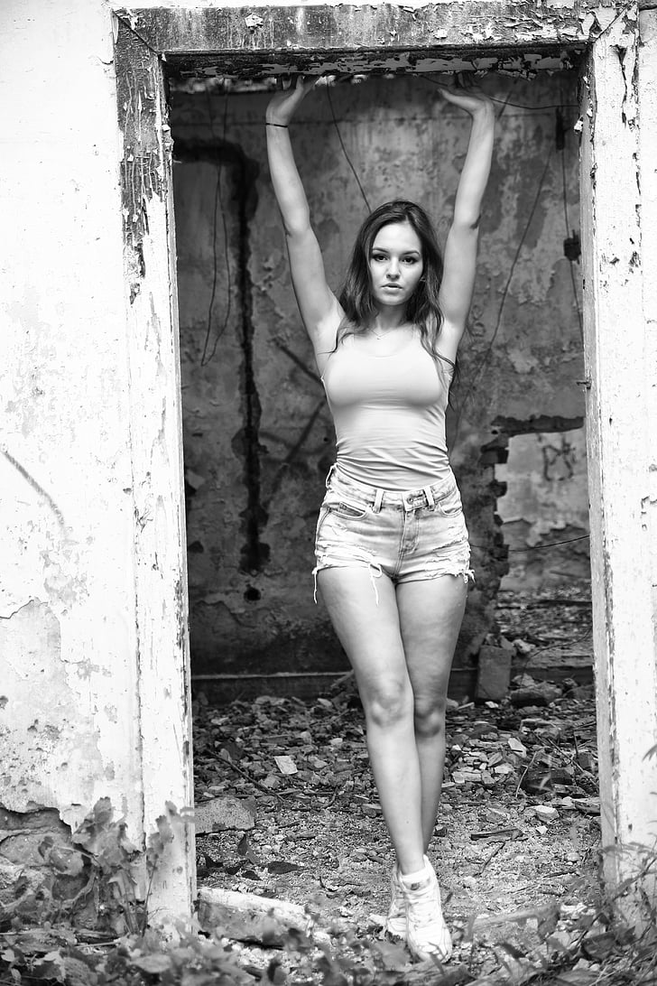 model, woman, old building