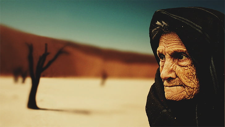 여자, 블랙, 후드, 사람들, 늙은 여자, 사막, 베 두 인