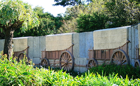 ox wagon, relief, depiction, wall, granite, laager, garden