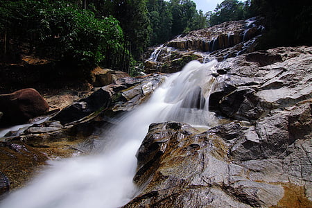 waterfall, stream, water, nature, green, landscape, rocks