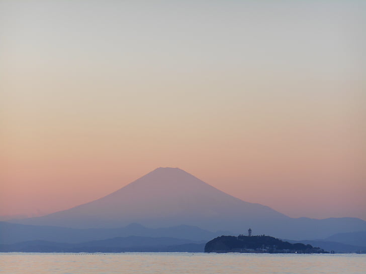 mt fuji, sunset, sea, enoshima, evening, landscape, japan