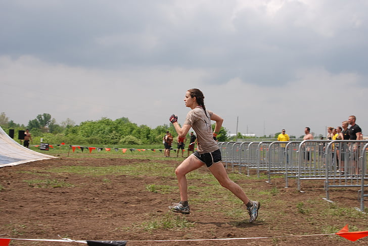 girl, woman, run, running, challenge, race, mud