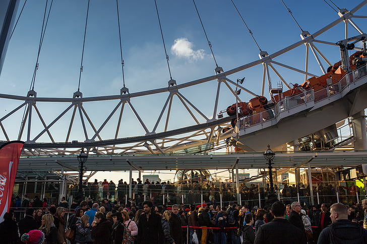 amusement park, city, crowd, engineering, london eye, people, rides