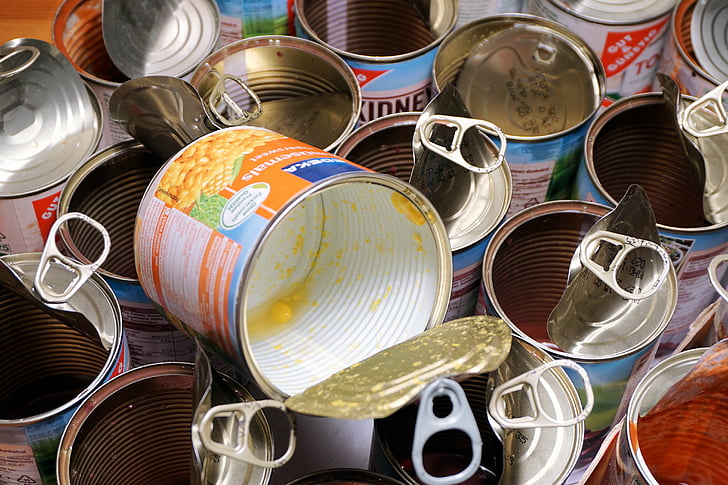 cans, empty cans, tin cans, eat, food, canning, corn