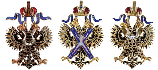 russian empire order, decoration, cross, order of st andrew, crown, double-headed eagle, tape