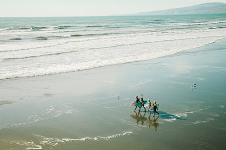 quatre, surfistes, caminant, vora del mar, blanc, cel, diürna