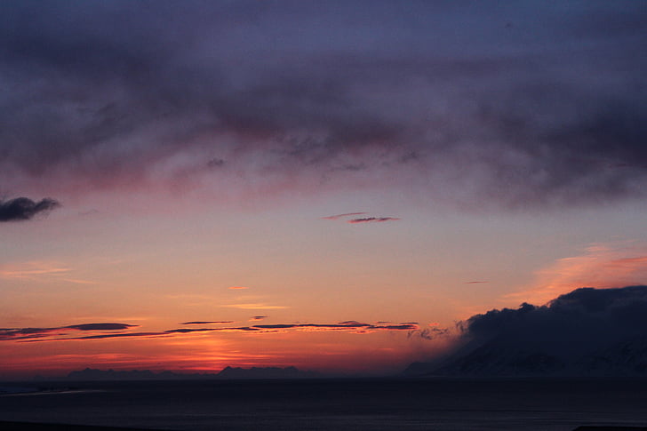 Arktyka, zachód słońca, Svalbard, noc, dzień polarny, północ, Norwegia