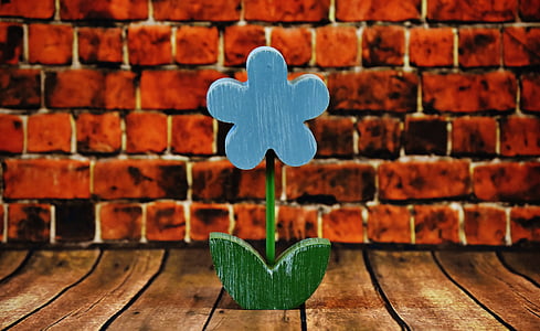 flower, deco, wood, blue, spring, colorful, brick wall