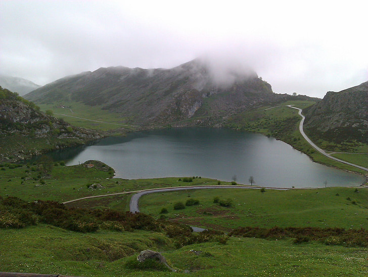 mlha, Hora, Zimní, jezero, Asturias, hory, mraky