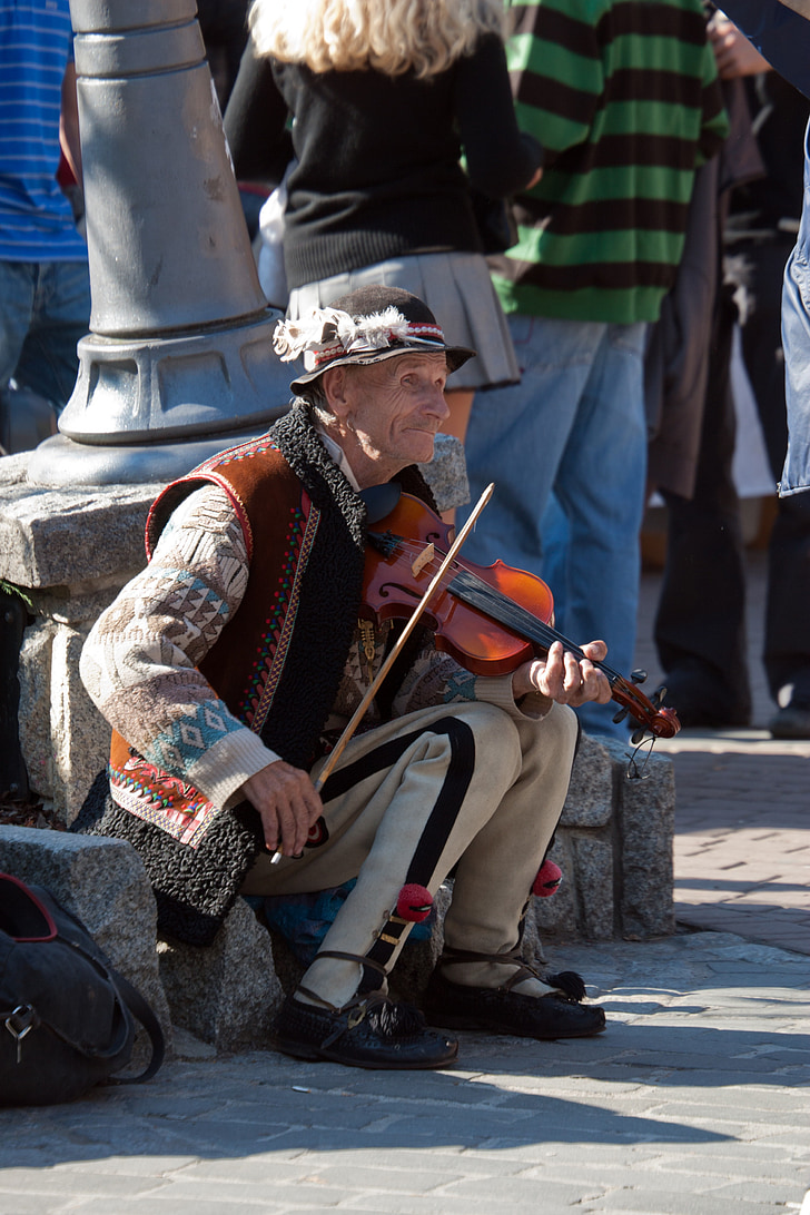 man, elderly, violin, music, poland, street scene, elderly man