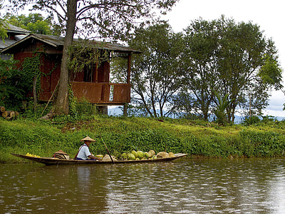 kanot, Burma, sjön, Inle, vatten