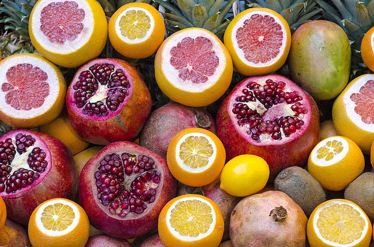 food, fruit stand, fruits, grapefruit, healthy, kiwi, lemon