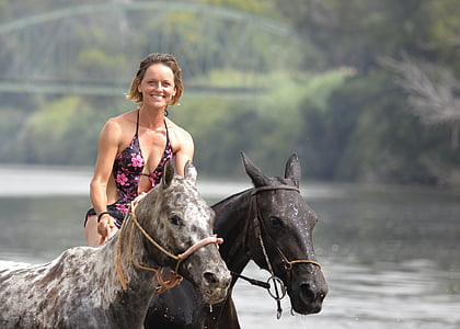 người phụ nữ, con ngựa, đi xe, sông, mùa hè, động vật, hoạt động ngoài trời