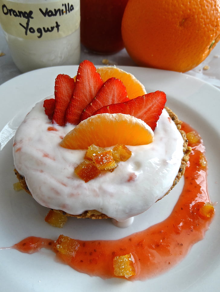 jogurt, maasikad, oranž, terve, toitumine, Hommikusöök