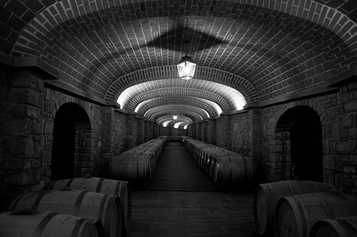 botti, ceiling, lights, cellar, wine, black and white, ancient