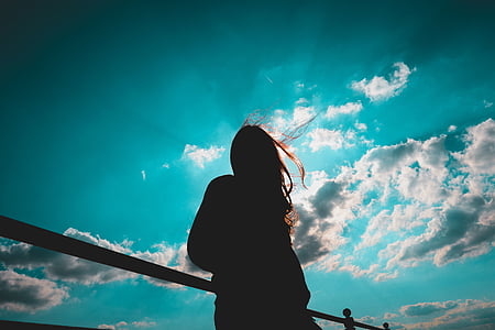 people, woman, girl, standing, alone, clouds, sky