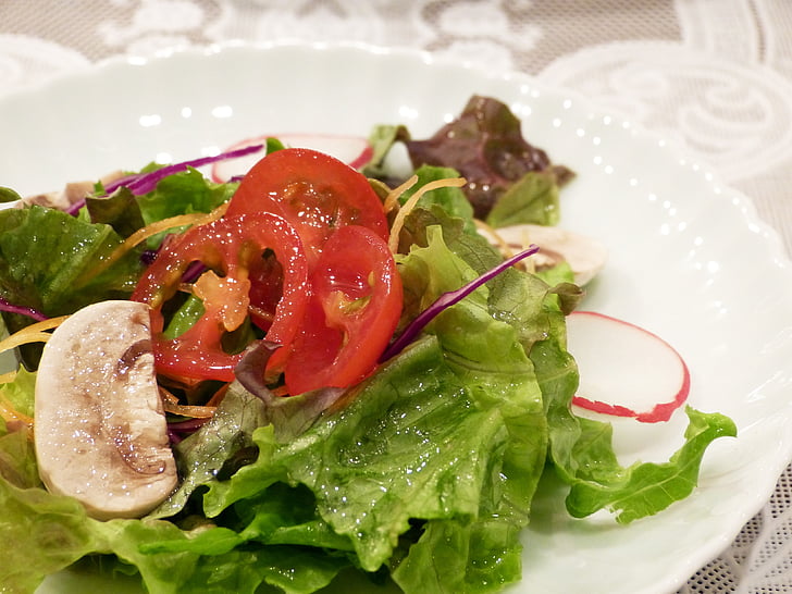 vegetables, healthy salad, dressing, plate, tomato, fresh, mushroom