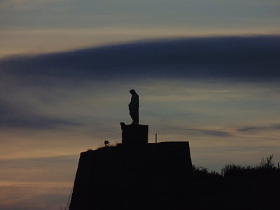 estátua, Perfil, pôr do sol, nuvem, céu, nuvens, Horizon
