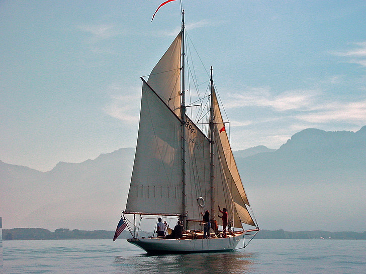 Женевското езеро, Монтрьо, Швейцария, ветроходна лодка, езеро, вода, морски кораб