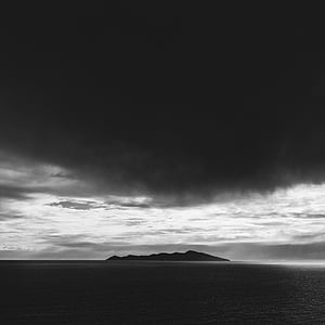 Isla, nubes, tormentosa, mar, oscuro