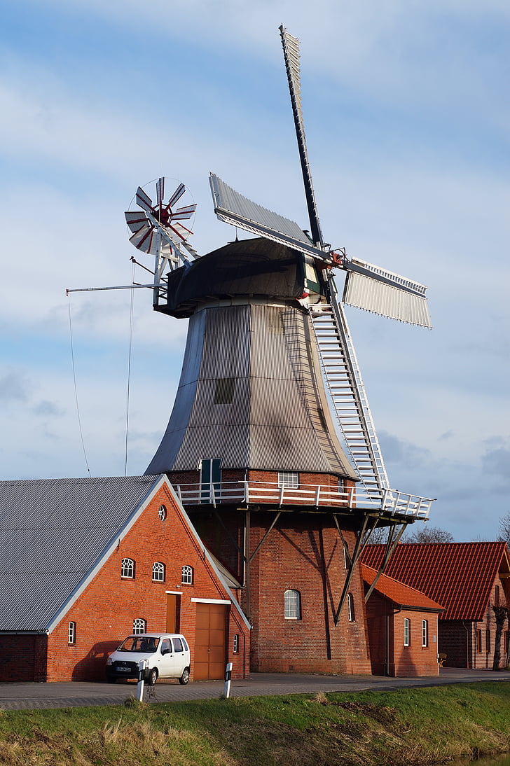 Mill, Máy xay bột, cối xay gió, cánh, đám mây, màu xanh, cảnh nông thôn