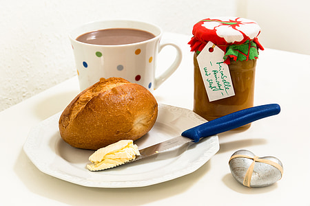 breakfast, roll, jam, cup, knife, butter, cocoa